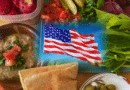 A vibrant American flag surrounded by Mediterranean food.