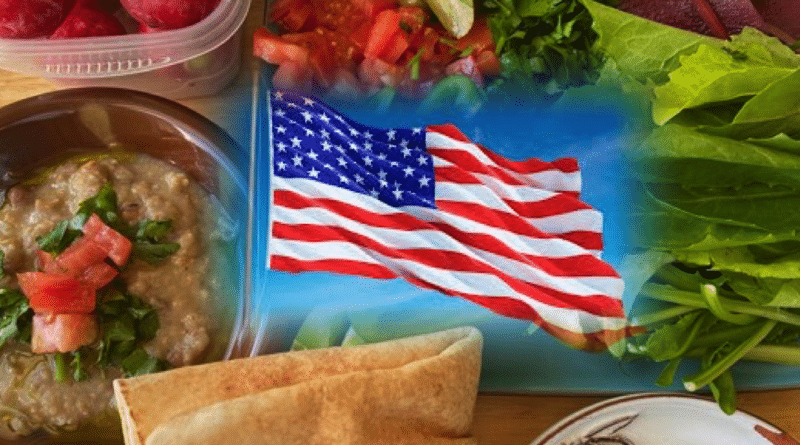 A vibrant American flag surrounded by Mediterranean food.