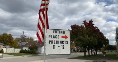 Sign for voting place and precincts with American flag and cloudy sky.