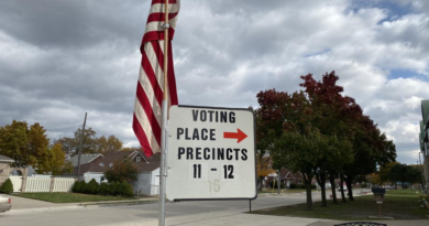 Sign indicating voting place and precincts with American flag.