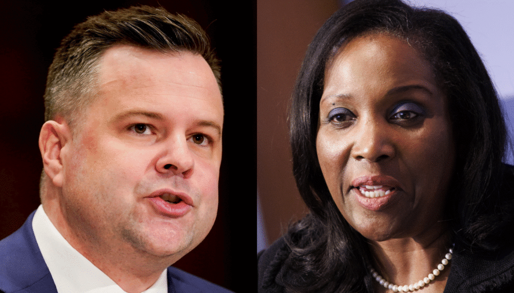 Two individuals in a split-screen interview or discussion setting.