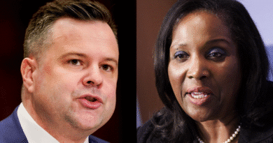 Two individuals in a split-screen interview or discussion setting.