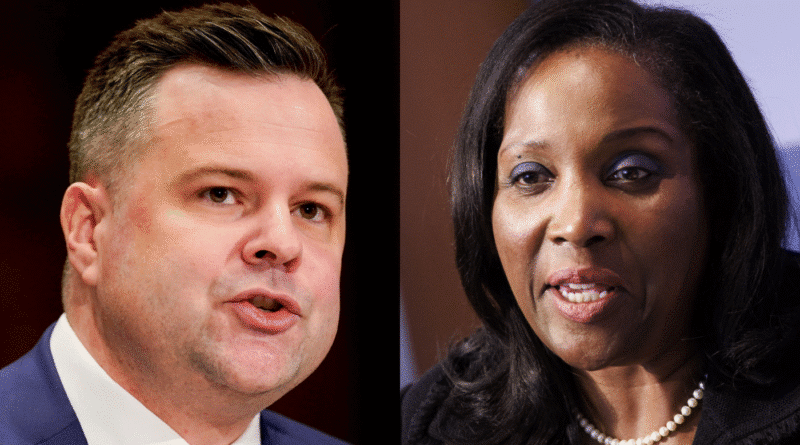 Two individuals in a split-screen interview or discussion setting.